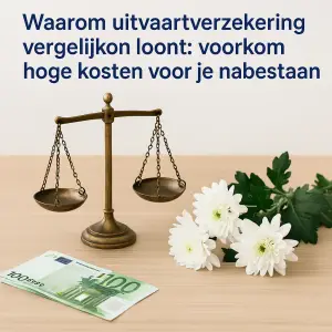 Weegschaal, eurobiljetten en witte chrysanten als symbool voor het vergelijken van uitvaartverzekeringen en het maken van financiële afwegingen.