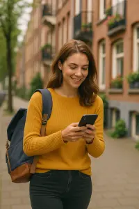 Vrouw met laptop en smartphone onderweg, passend bij inboedelverzekering met buitenshuisdekking.
