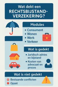Infographic met uitleg over de dekking en uitsluitingen van een rechtsbijstandverzekering, inclusief modules zoals werk, wonen en verkeer