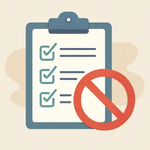 Illustratie van een checklist met een rood verbodsteken, symbool voor situaties waarin een rechtsbijstandverzekering overbodig is