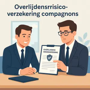 Twee zakenpartners bespreken een overlijdensrisicoverzekering aan tafel