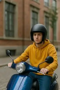 Jonge bestuurder op blauwe scooter met helm – bromfietsverzekering op naam van ouders