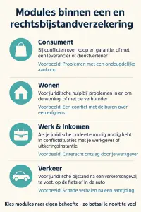 Infographic met uitleg over de modules in een rechtsbijstandverzekering, zoals Consument, Wonen, Werk & Inkomen en Verkeer