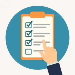 Illustratie van een hand die wijst op een checklist met afgevinkte items, passend bij het kiezen van een verzekering
