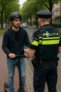Politie houdt een elektrische stepgebruiker staande wegens rijden zonder helm en verzekering