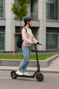 Vrouw rijdt op een elektrische step met helm, voorbeeld van legaal gebruik in Nederland