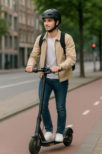 Man rijdt op elektrische step met helm, waarvoor WA-verzekering verplicht is in Nederland
