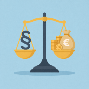 Illustratie van een weegschaal met een paragraafsymbool en geldzak met euroteken, symbool voor de kosten van een rechtsbijstandverzekering