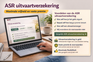 ASR uitvaartverzekering met voordelen zoals vaste premie, vrije keuze en maximale flexibiliteit weergegeven op laptop