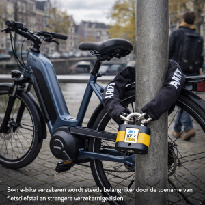 Fietsverzekering e-bike met ART slot beveiliging en elektrische fiets in stedelijke omgeving