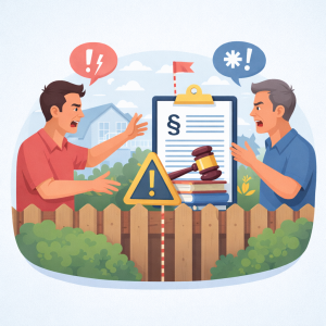 illustratie van twee buren met erfgrensconflict en juridisch document symbool voor burenconflict en rechtsbijstandverzekering