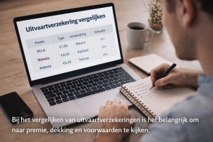 Persoon vergelijkt uitvaartverzekeringen op laptop en notities, om de beste uitvaartverzekering te kiezen