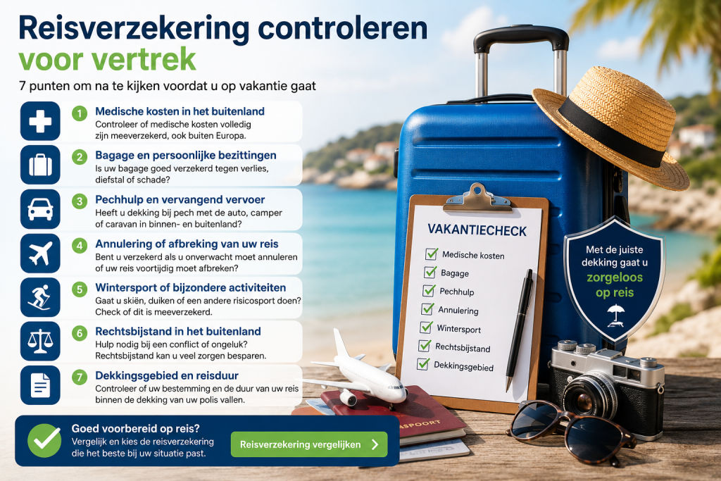 Reisverzekering controleren voor vertrek met aandacht voor medische kosten, bagage, pechhulp en annulering