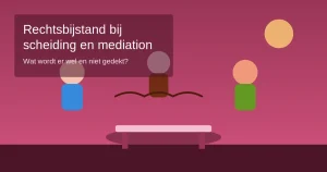 Illustratie van twee personen aan tafel met een mediator ertussen, symbool voor scheidingsmediation